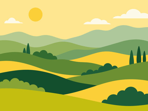 Stylized rolling green hills under a bright yellow sun and soft clouds