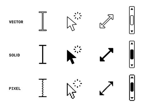 Different cursor types and UI elements shown in vector, solid, and pixel styles