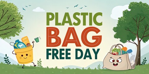 Fototapeta premium Plastic Bag Free Day Environmental Awareness Poster with Green Trees and Sustainable Message