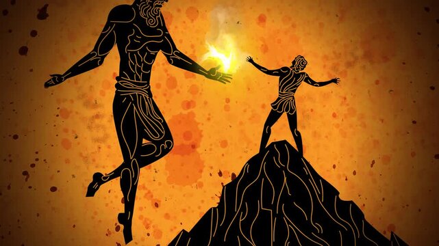 prometheus descending from the heavens to give fire to humanity