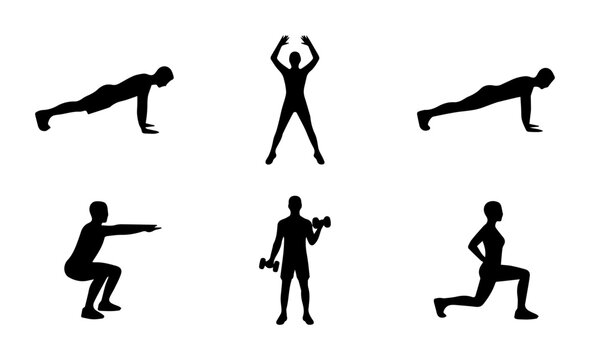 Fitness Silhouette Icons: Workout Exercises, Strength Training, Cardio Moves, Bodybuilding Poses, Health Lifestyle Graphics