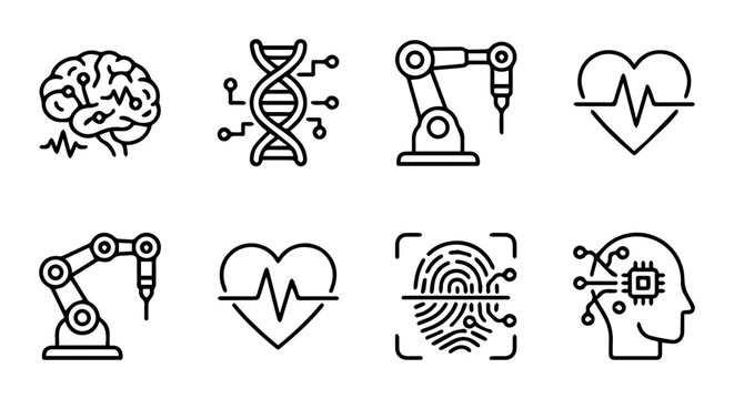 Technology Icons: Brain, DNA, Robot Arm, Heartbeat, Fingerprint, AI Chip, Set