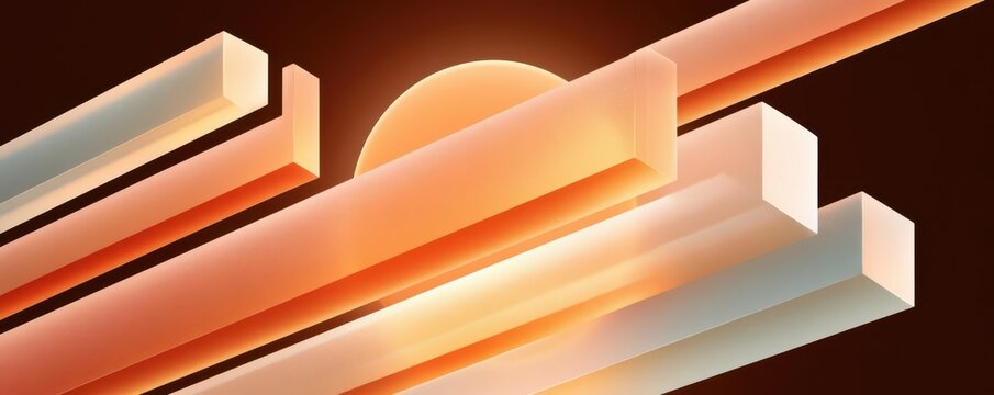 Translucent rectangular bars with warm sunset glow in an abstract geometric composition for modern background design