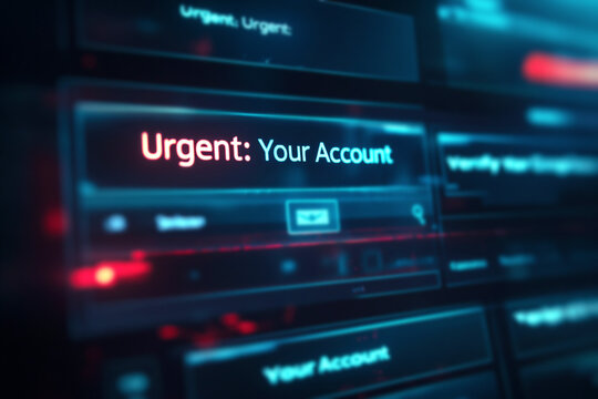Urgent account notification on digital screen close up. Security warning message, phishing email simulation or hacking system alert, cyber security and identity theft concept