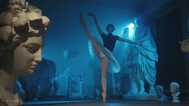 Classical art, beautiful ballerina dancing in dark museum hall with old statues. Graceful female silhouette, attractive slender woman in white tutu and pointe shoes performing classic choreography
