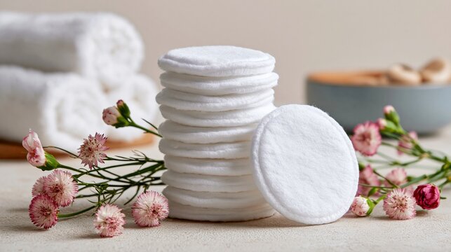 Cotton pads and flowers, bath items, rest on a light surface.