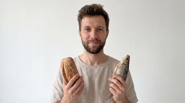 Man holding bread and fish, Jesus Christ, Bible, Easter