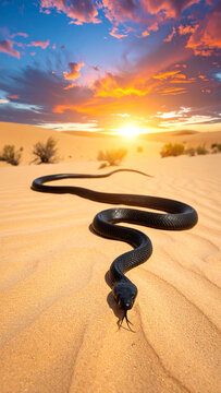 Elegant Black Snake in Desert Landscape at Dramatic Sunset Time