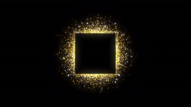 Glowing golden square border enclosed in luxury particle dust cloud on transparent alpha channel background.