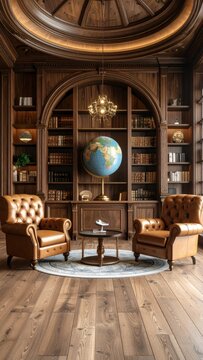 Elegant home library interior with leather armchairs globe and exquisite wood details