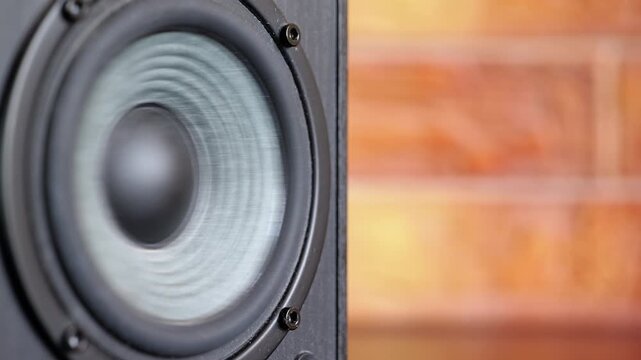 Close-up of speaker cone vibrating with heavy bass. Powerful acoustic loudspeaker cone vibrating from high volume sound waves. Loud music reproduction with a moving subwoofer membrane creating