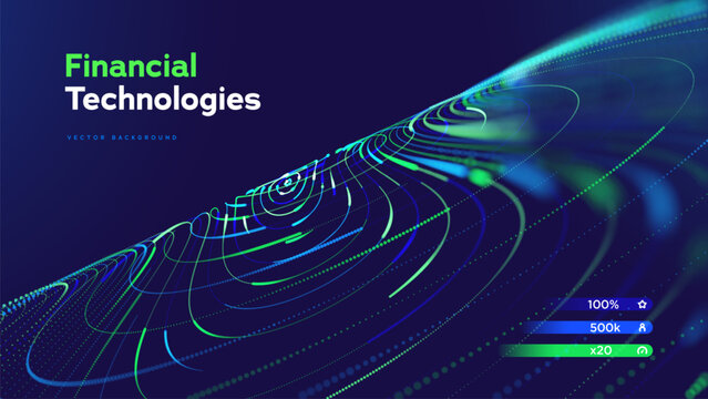 Financial Technology Background With Digital Data Flow, Neon Network Lines And Futuristic Fintech Visualization On Dark Gradient. Advanced Financial Technologies And Innovation. Vector Illustration.