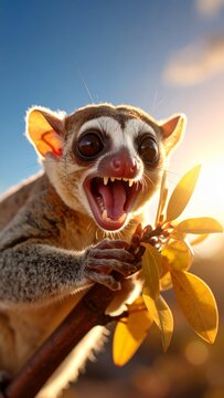 Close-up portrait of a slow loris perched on a branch with vibrant foliage