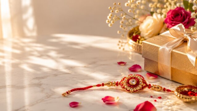 A festive Raksha Bandhan background featuring an elegant red and gold rakhi thread, a luxury gift box wrapped with a satin ribbon, rose petals, rice grains, and kumkum on a white marble table.