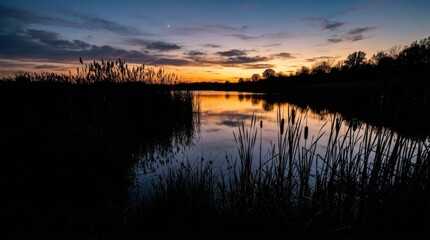 Obraz premium Serene Sunset Over a Calm Lake with Silhouetted Reeds.