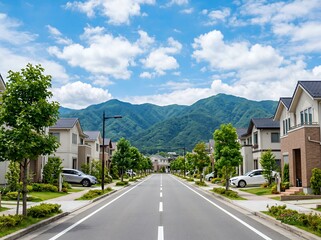 Naklejka premium 夏の青空と山が美しい新興住宅地を真っ直ぐに伸びる道路