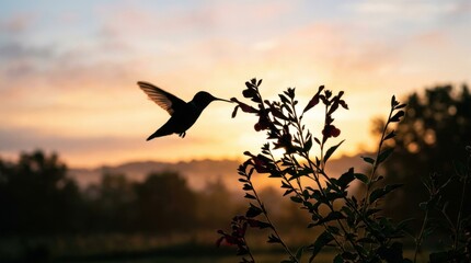 Obraz premium Silhouette of a hummingbird feeding on a plant at sunrise.