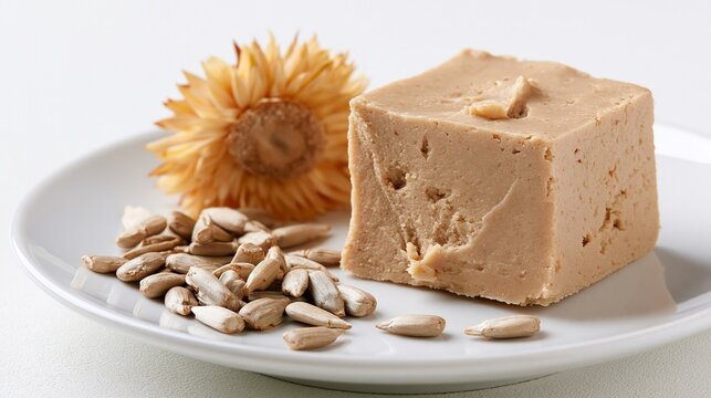 Sweet halva and sunflower seeds sit on a plate against a white backdrop.