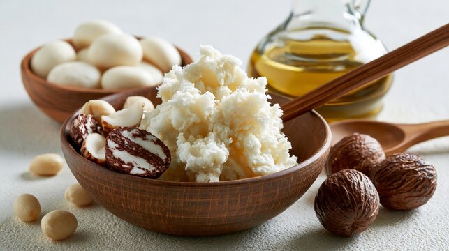 Bowl holding shea butter, nuts, and oil rests on a light surface.
