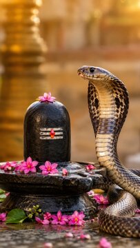A beautifully decorated stone pillar featuring intricate carvings of multi-headed cobra snakes (Naga) adorned with fresh yellow marigold garlands inside an ancient Hindu temple for Nag Panchami.