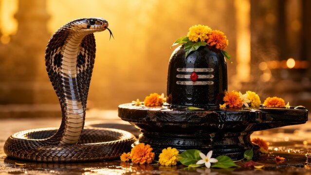 A decorative silver plate (thali) for the Hindu festival Nag Panchami, featuring an intricate silver snake idol, small bowls filled with milk and kumkum powder, and fresh yellow marigold flowers.