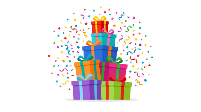 Tall stack of colorful gift boxes and festive confetti.