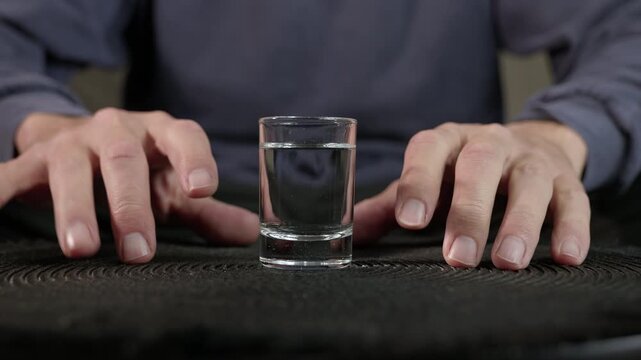 Person drinking an alcoholic shot glass. Restless man's hands tapping on a table, hesitating before finally drinking a shot glass of strong alcohol in one gulp, symbolizing addiction, alcoholism