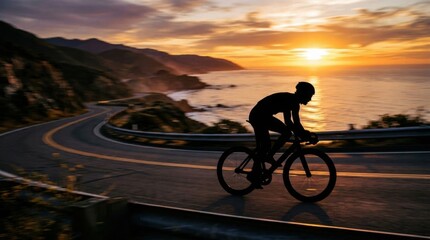 Obraz premium Cyclist silhouetted against a stunning coastal sunset during a scenic ride.