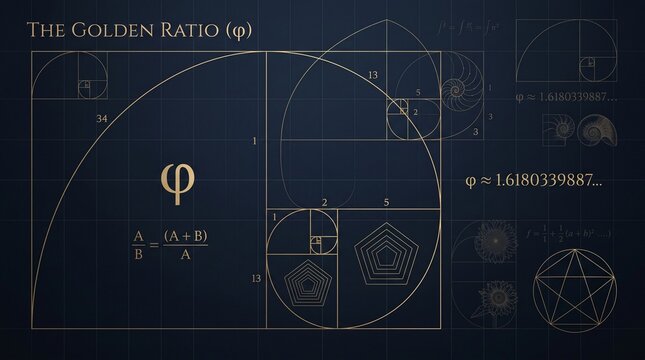 Golden ratio phi mathematical diagram, Fibonacci spiral sequence on dark blueprint background, divine proportion geometry and sacred math formulas