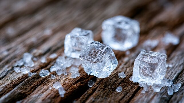 Close-up of Ice Cubes on Wooden Surface with Natural Lighting
