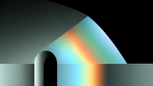 Minimalist 3d abstract background illustrating prismatic light refraction with vibrant rainbow gradient arch over smooth dark shapes