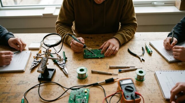 Student soldering electronic circuit board with tools for electronics workshop banner and collaborative stem project background for training