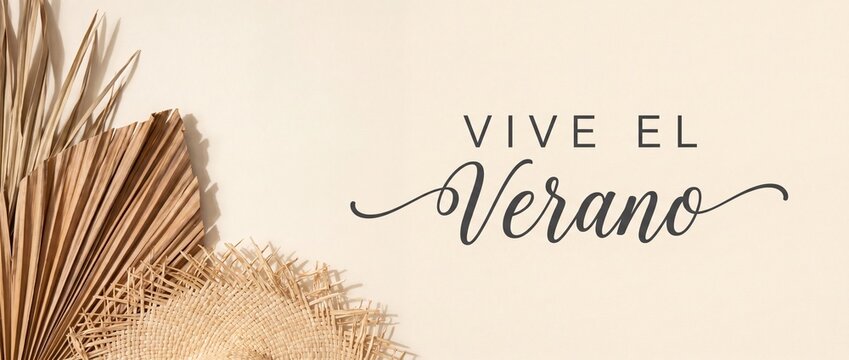Vive El Verano Summer Background with Straw Hat and Dried Palm Leaves, Spanish Typography Banner for Minimalist Tropical Vacation, Aesthetic Beige Travel Concept Poster with Copyspace.
