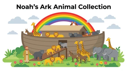 Fototapete Zoo Noah ark animal collection with rainbow and forest scene.  © GW