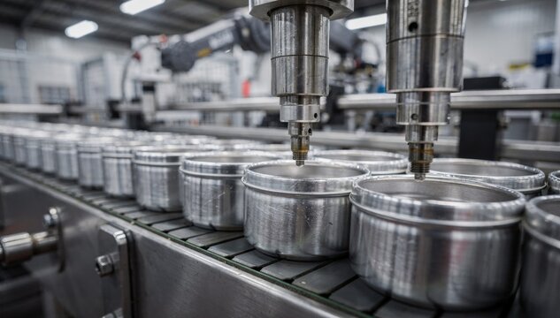 Metal snuff cans being filled mechanically on assembly line highlighting industrial efficiency and metallic texture.