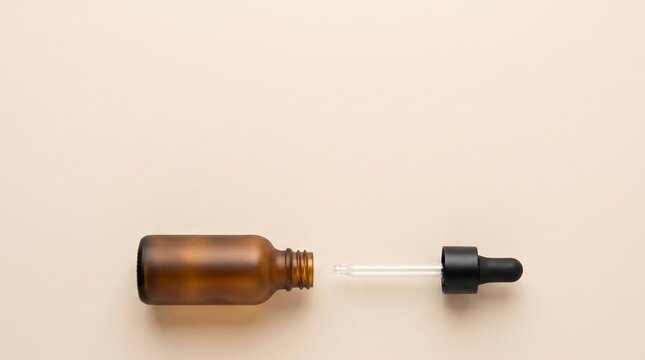 Top-down flat-lay of frosted amber serum bottle and separate dropper