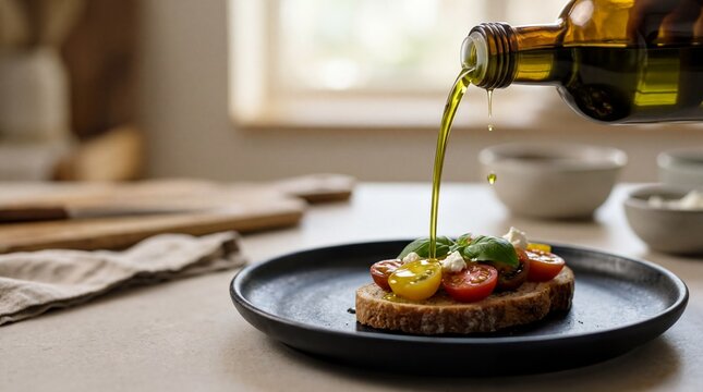 culinary techniques, golden olive oil gently drizzles onto a sleek black plate, highlighting simplicity