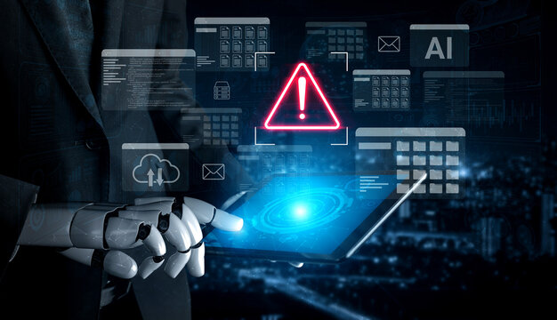 A robotic hand interacts with a digital tablet displaying an alert sign and various data visuals, representing technology, AI, and security challenges in a contemporary environment. Gantry