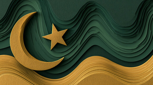 Gold Crescent Moon and Star on Green Wavy Background