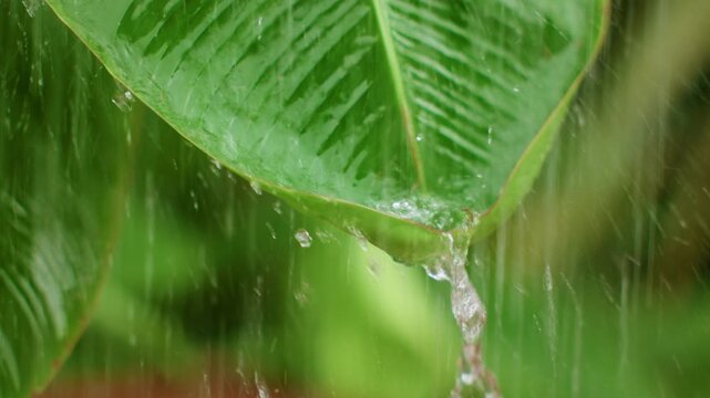 Slow motion close-up of rainwater streaming down a large green tropical leaf during heavy rainfall. Water droplets cascade from the pointed leaf tip against a blurred jungle background.