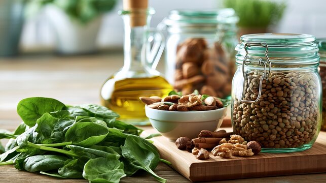 Close-up of fresh spinach and nuts on wooden table with glass jars of ingredients in bright natural light