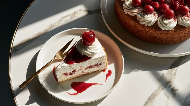 Close-up of a delicious cherry-topped cheesecake with whipped cream on a plate