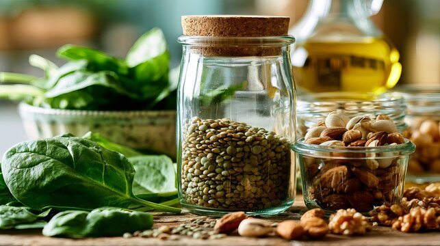 Close-up of assorted nuts and seeds in glass jars on rustic wooden surface
