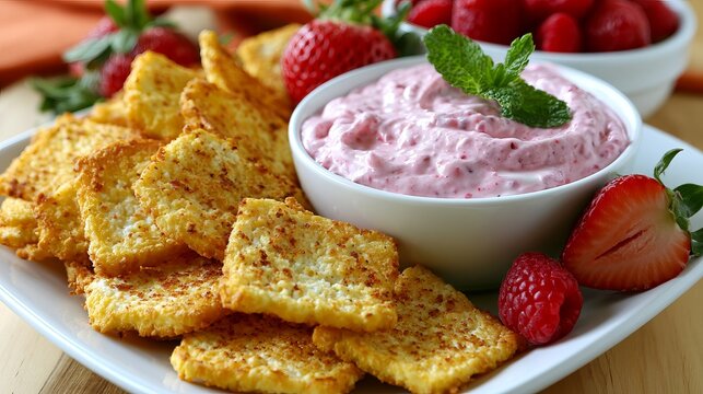 Close-up of crispy golden French toast with fresh berries and pink yogurt dip