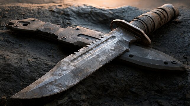 Close-up of a weathered combat knife with a worn handle on a dark surface