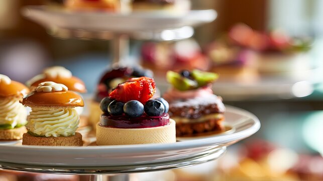 Close-up of assorted mini desserts with fresh berries on a decorative plate