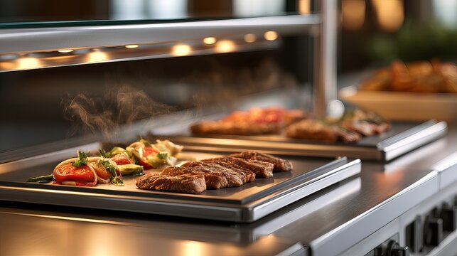 Close-up of sizzling grilled meat and vegetables on a commercial grill