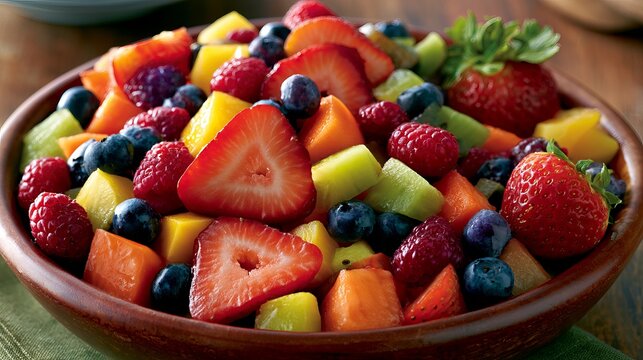 Close-up of colorful mixed fruit salad in a bowl with vibrant fresh berries and tropical fruits