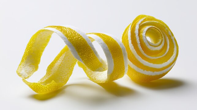 Close-up of yellow and gray striped spiral and curled ribbon on white background