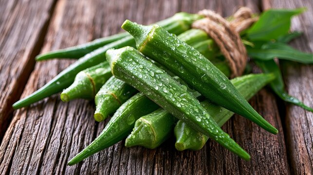 Close-up of fresh green cucumbers with water droplets on rustic wooden surface